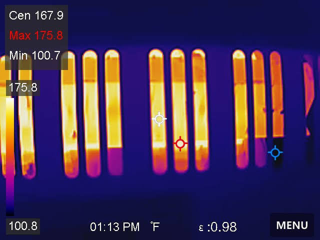 Infrared thermal survey of a 45 kVA transformer showing uneven phase heating